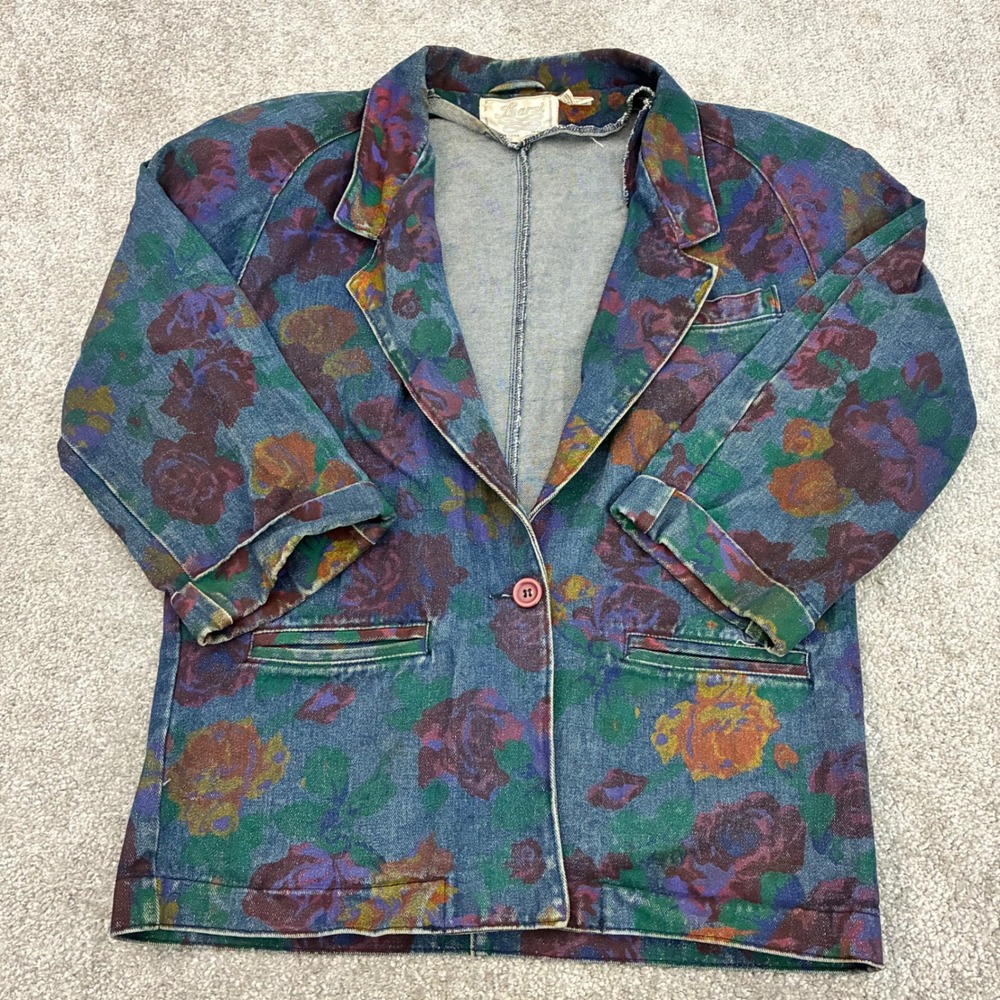 Vintage Learsi Blazer Jacket Womens Large Floral Denim Button Shoulder Pads